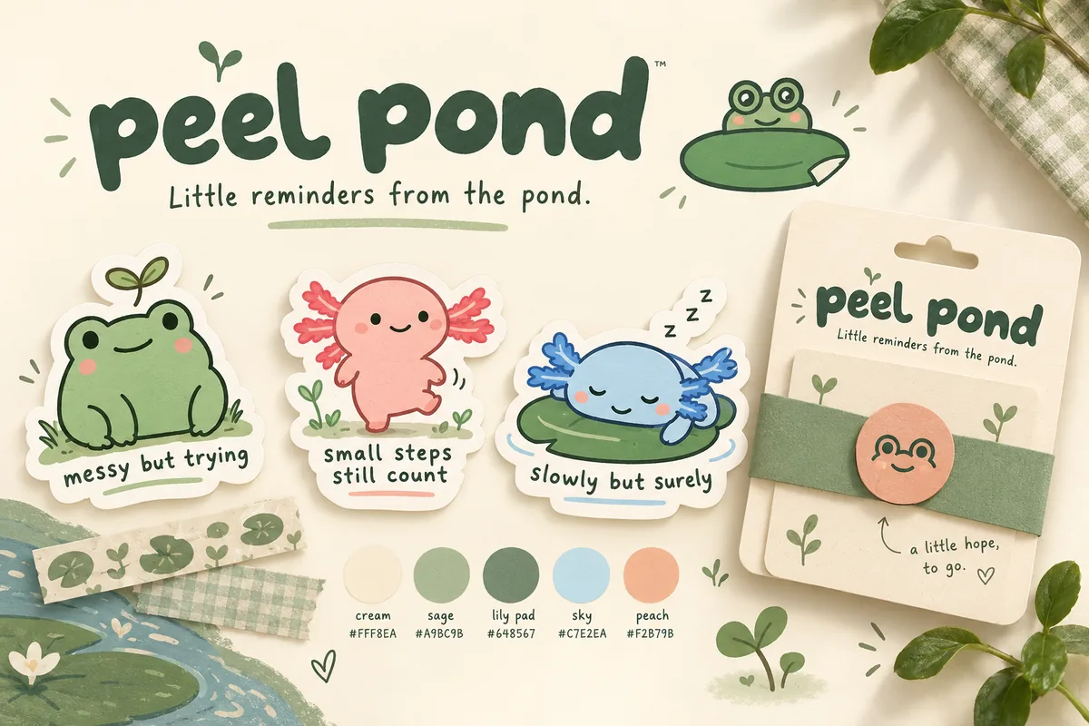 Peel Pond brand concept: hand-drawn frog and axolotl stickers, warm cream packaging, and a soft green, blue, and peach palette.